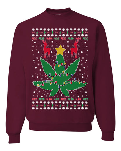 Crewneck Graphic Ugly Holiday Unisex Sweater Sweatshirt Christmas Lights, Deer Marijuana Lit Leaf Weed Pot  Ugly Christmas Sweater Unisex Crewneck Sweatshirt