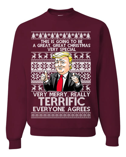 Unisex Funny Donald Trump Ugly Xmas Holiday Sweater Sweatshirt Great Terrific Merry Christmas Ugly Christmas Sweater Unisex Crewneck Sweatshirt