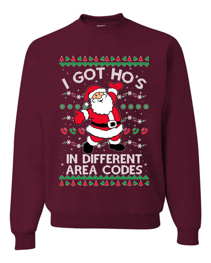 Funny Ugly Unisex Graphic Christmas Hoodie Sweater Sweatshirt "I Got Ho's in Different Area Codes" Ugly Christmas Sweater Unisex Crewneck Sweatshirt
