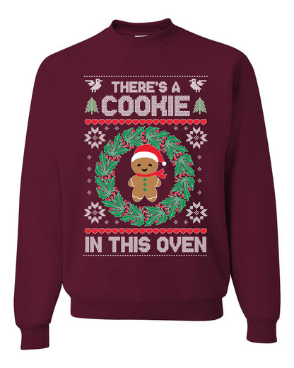 Women's Ugly Christmas  Sweater "Theres a Cookie in this Oven" Pregnancy Announcement Long Sleeve T-Shirt Ugly Christmas Sweater Unisex Crewneck Sweatshirt
