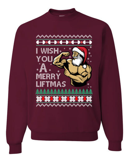 Group 3 Design Unisex Ugly Xmas Sweater Crewneck Graphic, Santa Fitness Workout, Merry Liftmas, Gym Swole Gift Ugly Christmas Sweater Unisex Crewneck Sweatshirt