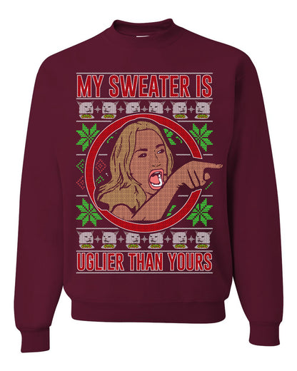 My Sweater Is Uglier Than Yours Funny Women Yelling At Cat Meme, Christmas Gifts, Funny Xmas Gift Idea, Ugly Christmas Sweater Unisex Crewneck Sweatshirt