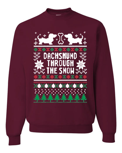 Graphic Daschund Through The Snow Christmas Wild Bobby Ugly Christmas Butcher Apron BBQ Grilling, Kitchen Cooking Ugly Christmas Sweater Unisex Crewneck Sweatshirt