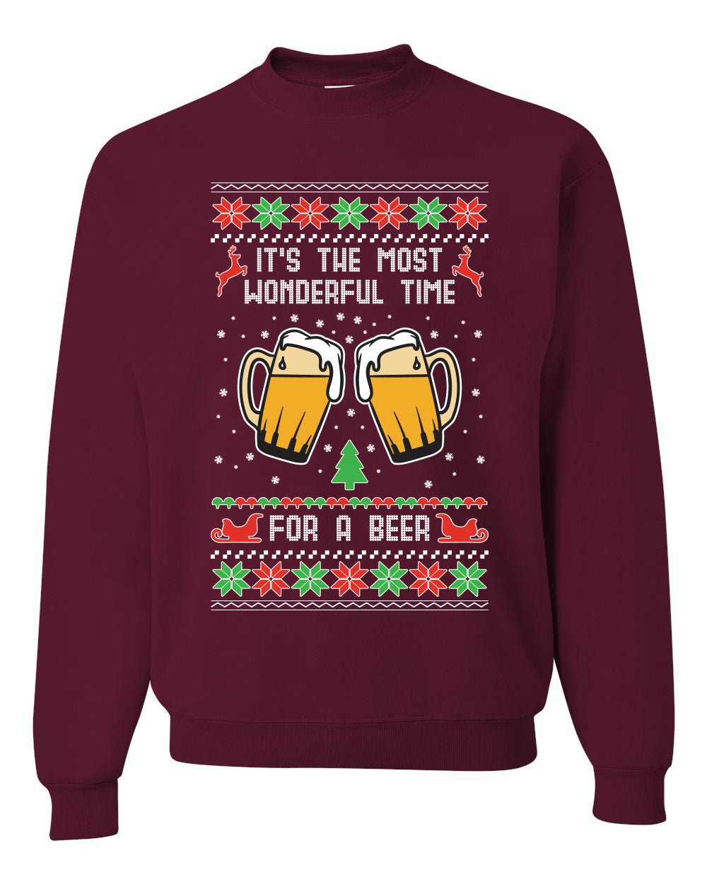 Men's Ugly Christmas Sweater Long Sleeve Shirt, "It's The Most Wonderful Time for a Beer" Ugly Christmas Sweater Unisex Crewneck Sweatshirt