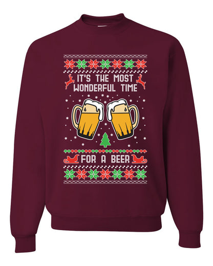 Men's Ugly Christmas Sweater Long Sleeve Shirt, "It's The Most Wonderful Time for a Beer" Ugly Christmas Sweater Unisex Crewneck Sweatshirt