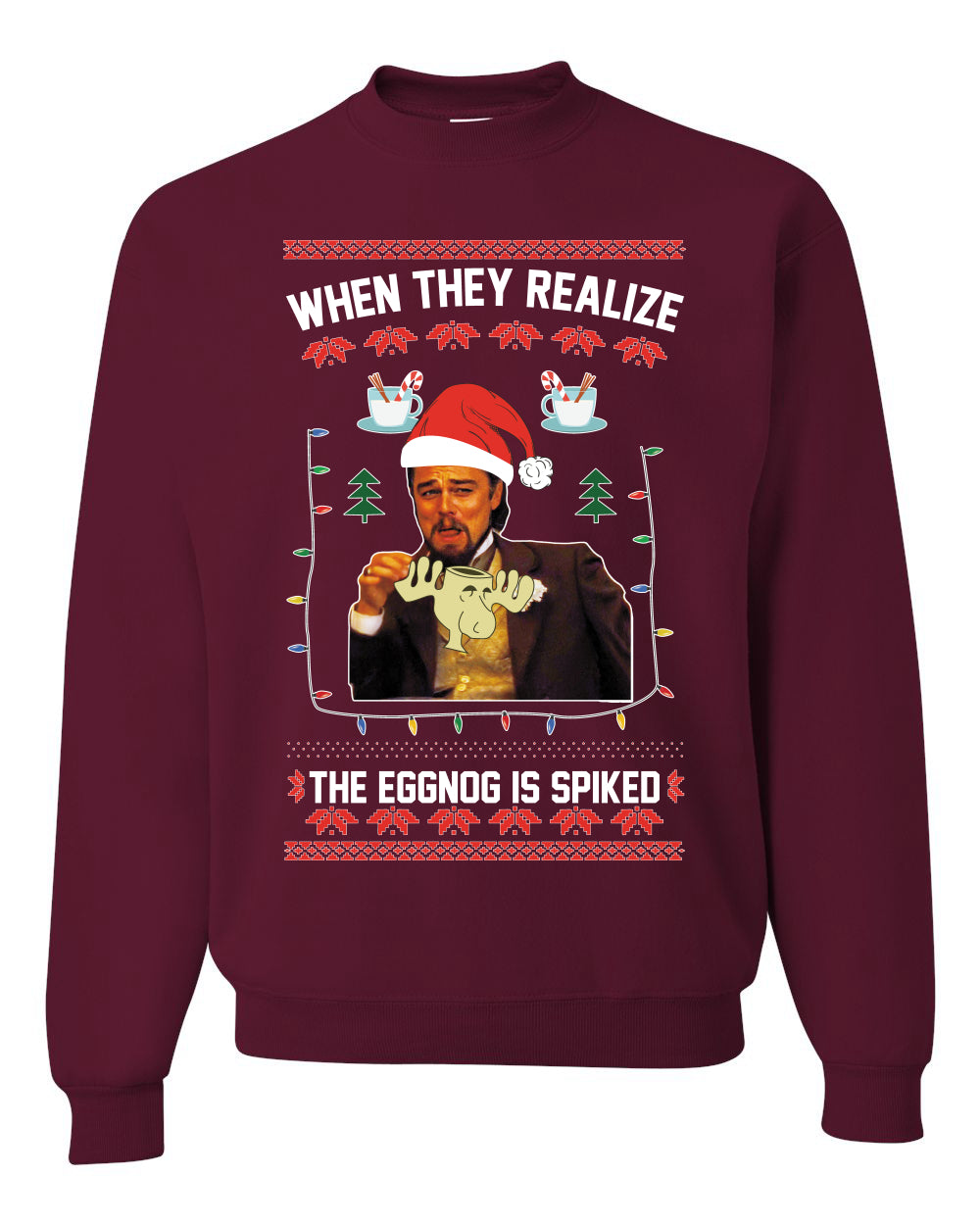 Unisex Graphic Ugly Christmas Crewneck Sweater Sweatshirt, Leo Laughing Dank Meme, When they Realize the Eggnog is Spiked  Ugly Christmas Sweater Unisex Crewneck Sweatshirt