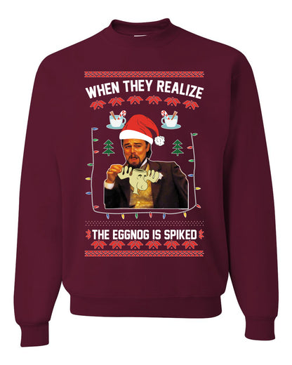 Unisex Graphic Ugly Christmas Crewneck Sweater Sweatshirt, Leo Laughing Dank Meme, When they Realize the Eggnog is Spiked  Ugly Christmas Sweater Unisex Crewneck Sweatshirt