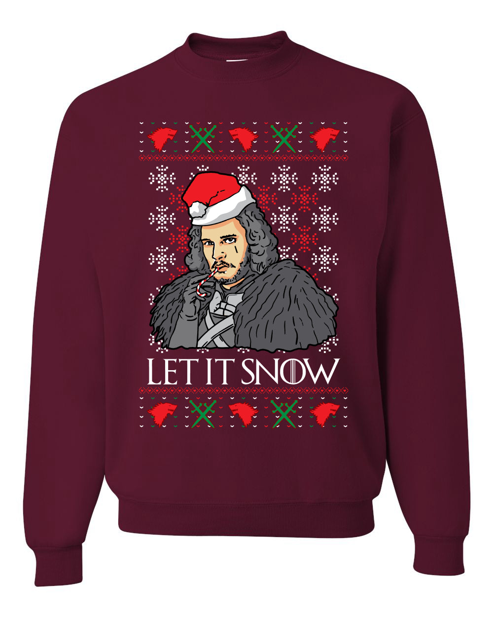 Full Color Men's Ugly Christmas Sweater T-Shirt GoT "Let It Snow Jon Snow" Ugly Christmas Sweater Unisex Crewneck Sweatshirt