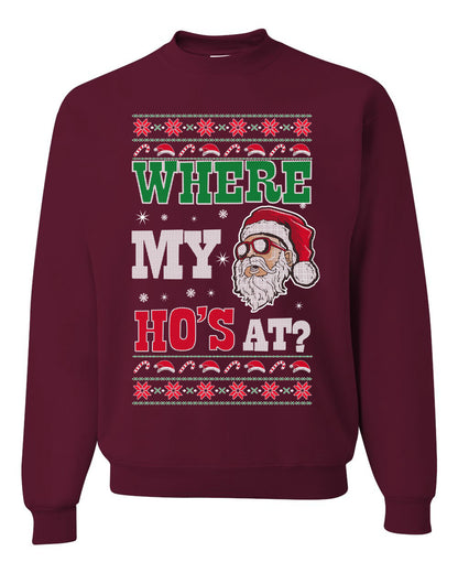 Women's Graphic Ugly Sweater for Christmas Long Sleeve Shirt Wild Bobby "Where My Hos at Santa?" Ugly Christmas Sweater Unisex Crewneck Sweatshirt