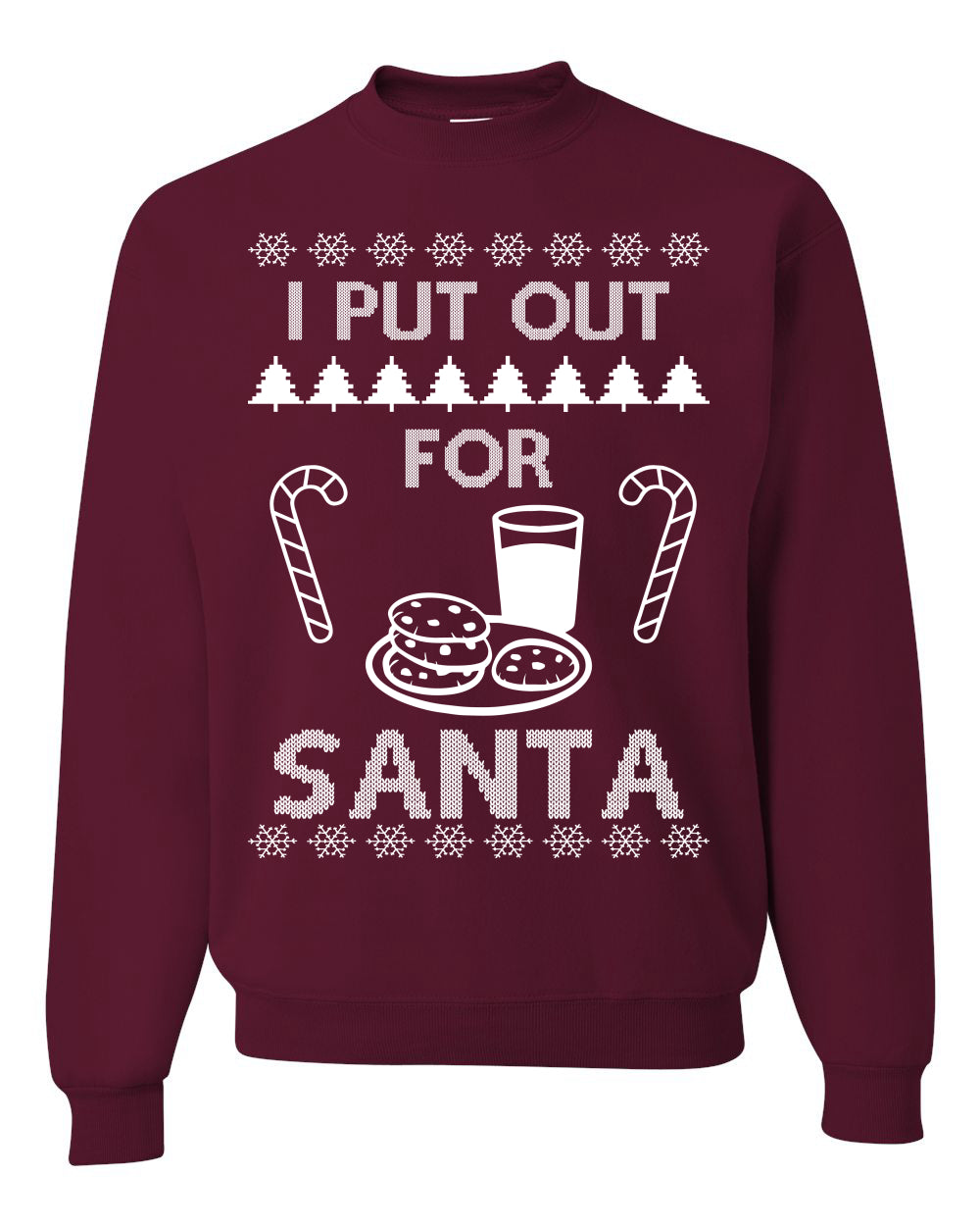 Funny Adult Men's Ugly Holiday Xmas Sweater, "I Put Out for Santa", Milk Cookies Candy Ugly Christmas Sweater Unisex Crewneck Sweatshirt