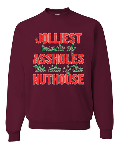 Ugly Christmas Butcher Graphic Apron, Cooking BBQ Grilling Kitchen, "Jolliest Bunch of Assholes This Side of Nuthouse", Wild Bobby Ugly Christmas Sweater Unisex Crewneck Sweatshirt
