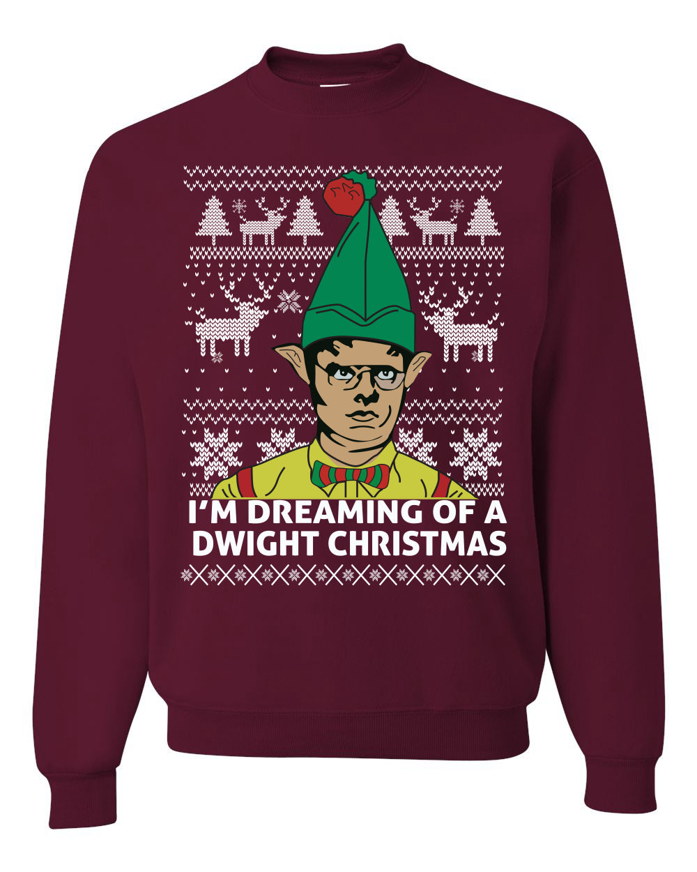 Funny Graphic Shirt Ugly Xmas Holiday Sweater Sweatshirt Women's The Office Schrute "I'm Dreaming of a Dwight Christmas" Wild Bobby Ugly Christmas Sweater Unisex Crewneck Sweatshirt