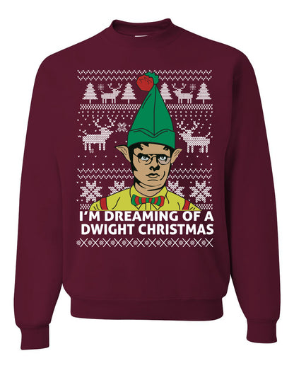 Funny Graphic Shirt Ugly Xmas Holiday Sweater Sweatshirt Women's The Office Schrute "I'm Dreaming of a Dwight Christmas" Wild Bobby Ugly Christmas Sweater Unisex Crewneck Sweatshirt