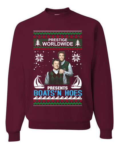 Prestige Worldwide Boats N' Hoes Step Brothers, Christmas Gifts, Funny Xmas Gift Idea, Ugly Christmas Sweater Unisex Crewneck Sweatshirt