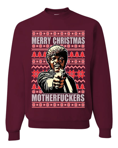 Unisex Graphic Ugly Xmas Sweater Crewneck Sweatshirt, Merry Christmas Motherfuckers Ugly Christmas Sweater Unisex Crewneck Sweatshirt