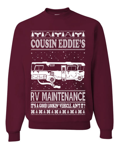 Men's Ugly Holiday Xmas Sweater Long Sleeve Shirt Cousin Eddie's RV Maintenance Family Vacation Ugly Christmas Sweater Unisex Crewneck Sweatshirt