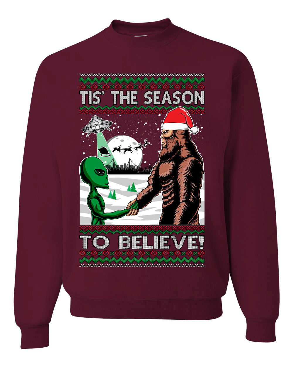 Ugly Unisex Crewneck Christmas Sweater "Bigfoot "Tis' The Season to Believe in Conspiracies, Aliens, and Ufo" Ugly Christmas Sweater Unisex Crewneck Sweatshirt
