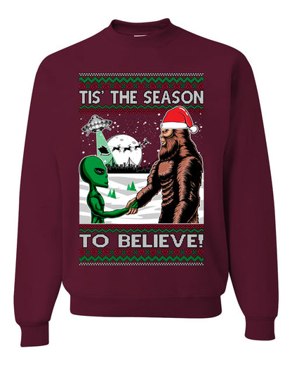 Ugly Unisex Crewneck Christmas Sweater "Bigfoot "Tis' The Season to Believe in Conspiracies, Aliens, and Ufo" Ugly Christmas Sweater Unisex Crewneck Sweatshirt