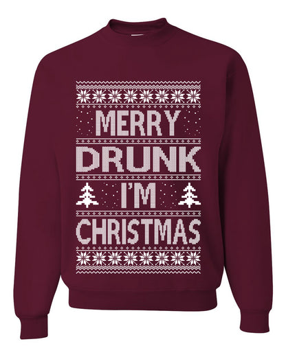 Unisex Graphic Funny Ugly Xmas Sweater Crewneck Sweatshirt, Merry Drunk I'm Christmas, Wine Beer  Drinking, Shark & Hammer Ugly Christmas Sweater Unisex Crewneck Sweatshirt