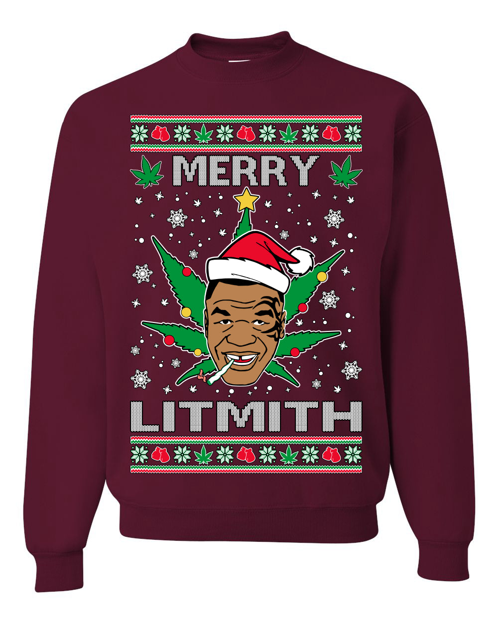 Unisex Ugly Xmas Crewneck Sweater Sweatshirt, Merry Lithmith Tyson, Joint Weed Pot Leaf Stoner Ugly Christmas Sweater Unisex Crewneck Sweatshirt