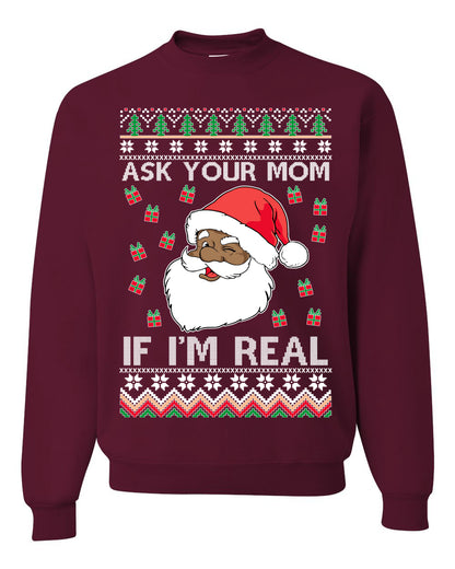 Graphic Ugly Xmas Holiday Sweater Sweatshirt Crewneck Unisex, Ask Your Mom If I'm Real, Black Santa Claus, Shark & Hammer Ugly Christmas Sweater Unisex Crewneck Sweatshirt