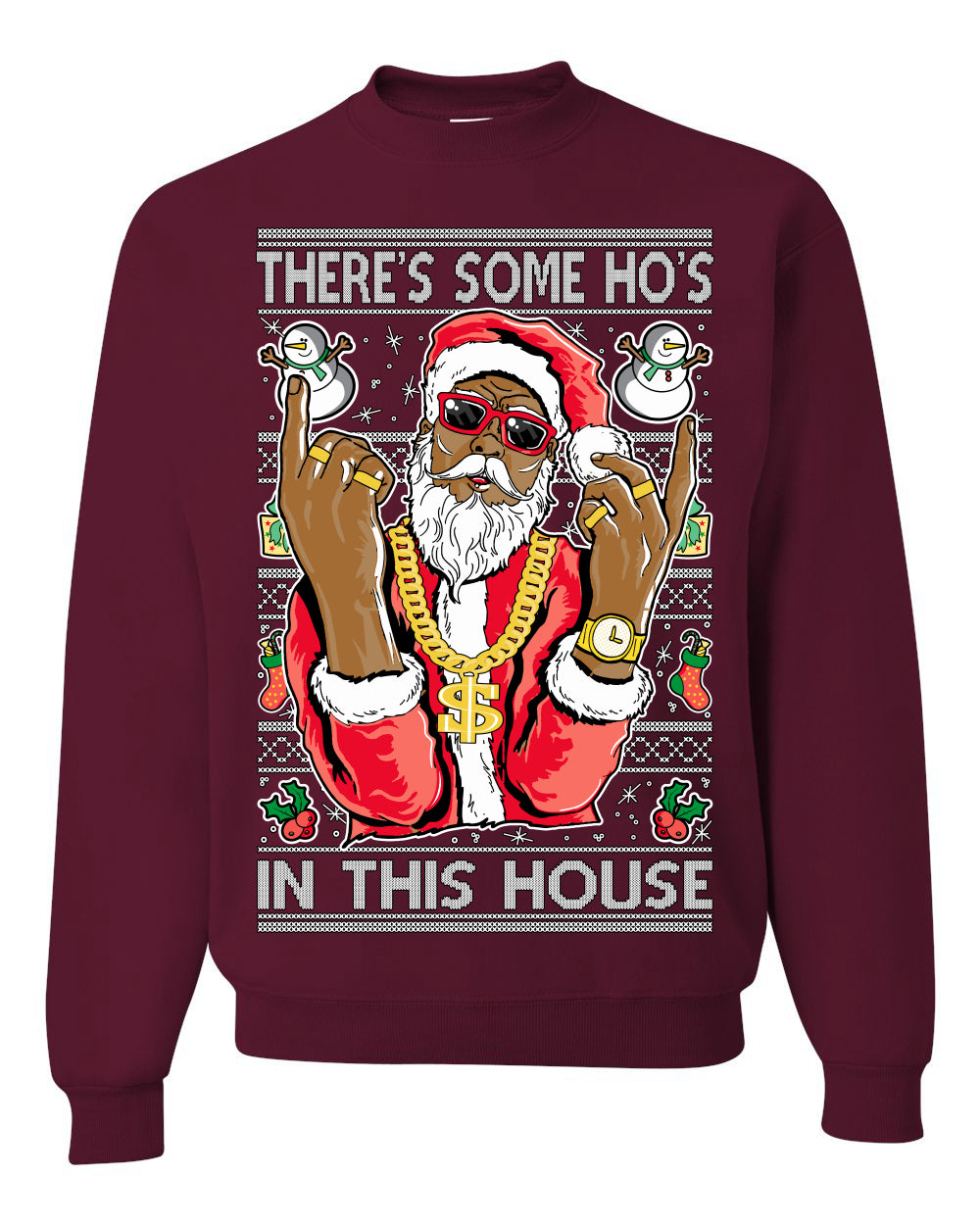 Crewneck Ugly Holiday Unisex Sweatshirt Sweater Graphic Black Santa Claus Gangster Bling Ho's In This House, Shark & Hammer Ugly Christmas Sweater Unisex Crewneck Sweatshirt