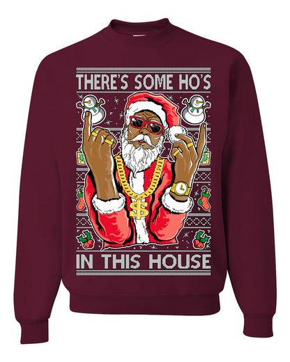 Crewneck Ugly Holiday Unisex Sweatshirt Sweater Graphic Black Santa Claus Gangster Bling Ho's In This House, Shark & Hammer Ugly Christmas Sweater Unisex Crewneck Sweatshirt