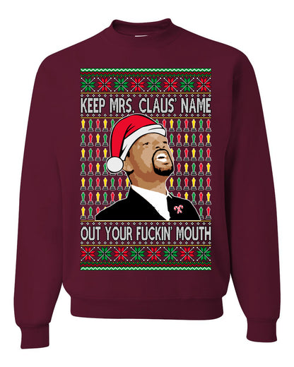 Will Smith Slapping Chris Rock Meme "Get Mrs Claus' Name Out of Your Mouth" Shark & Hammer, Graphic Unisex Ugly Xmas Sweater Sweatshirt Ugly Christmas Sweater Unisex Crewneck Sweatshirt