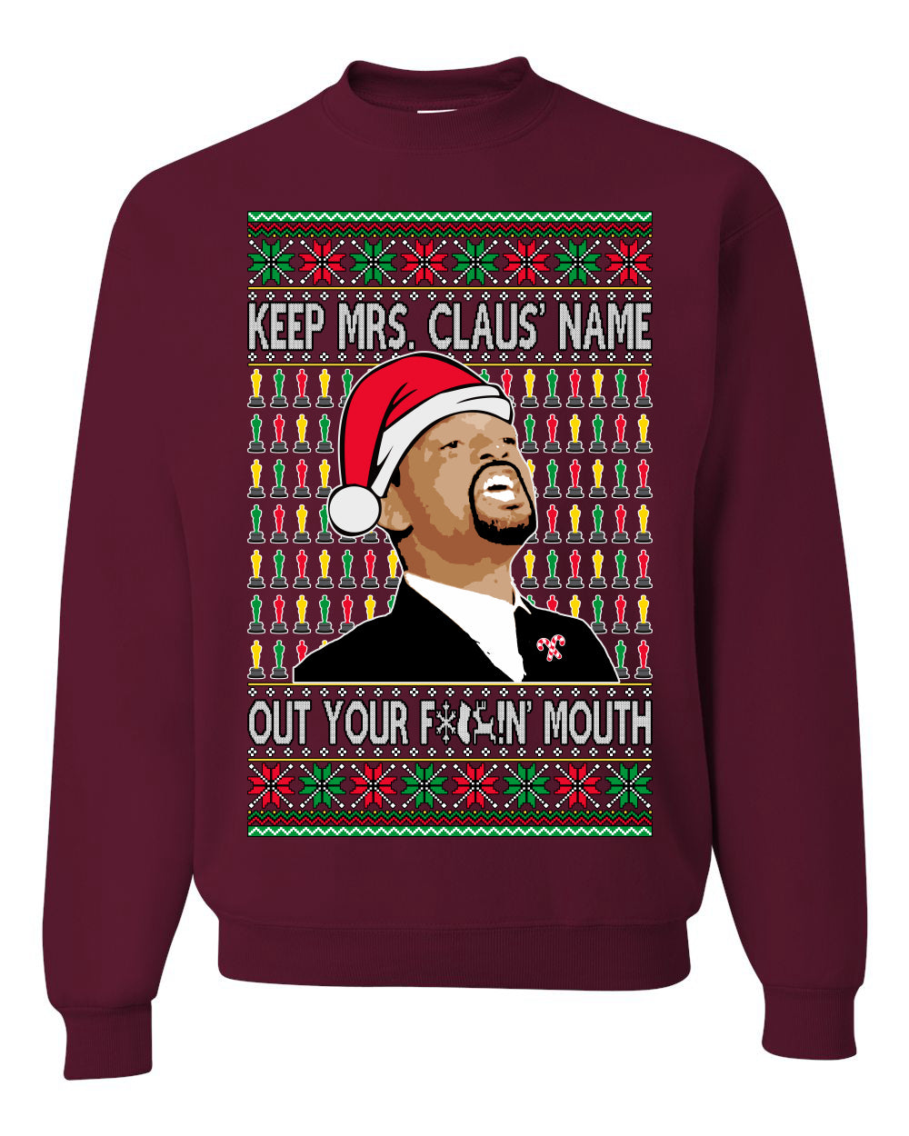 Unisex Ugly Xmas Graphic Crewneck Sweater Sweatshirt Will Smith Slaps Chris Rock Meme Mrs Claus' Name Out Your Mouth Shark & Hammer Ugly Christmas Sweater Unisex Crewneck Sweatshirt