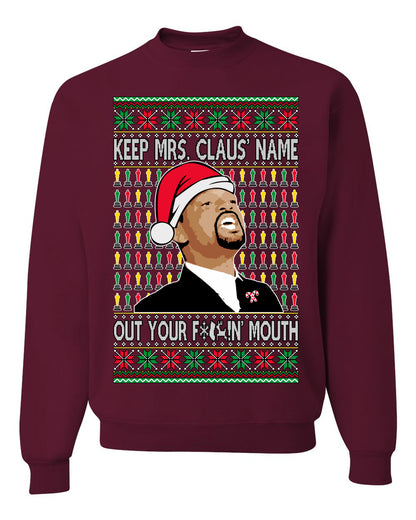 Unisex Ugly Xmas Graphic Crewneck Sweater Sweatshirt Will Smith Slaps Chris Rock Meme Mrs Claus' Name Out Your Mouth Shark & Hammer Ugly Christmas Sweater Unisex Crewneck Sweatshirt