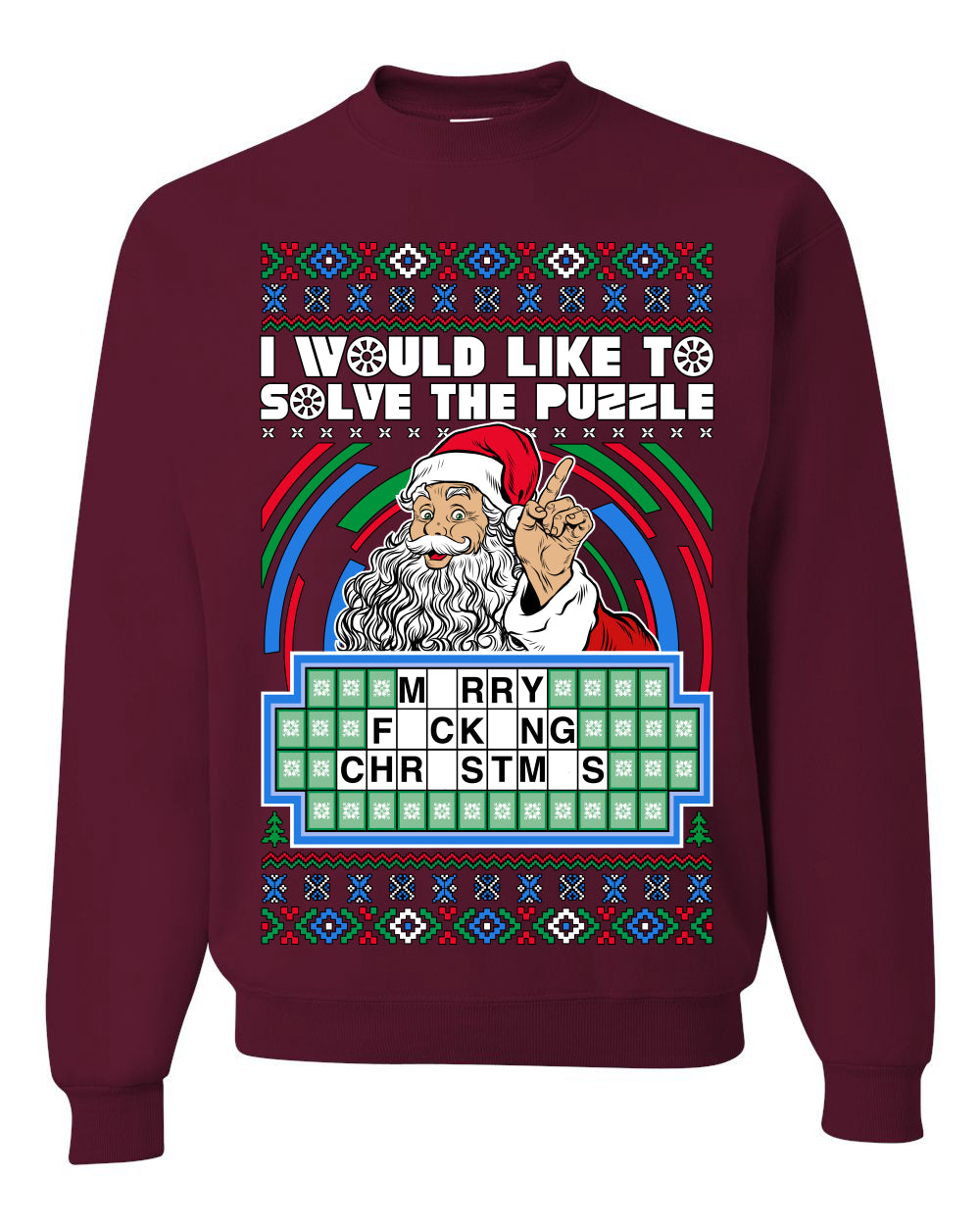 Santa Game Show I'd Like To Solve the Puzzle Wheel Ugly Christmas Sweater, Christmas Gifts, Funny Xmas Gift Idea, Unisex Crewneck Sweatshirt