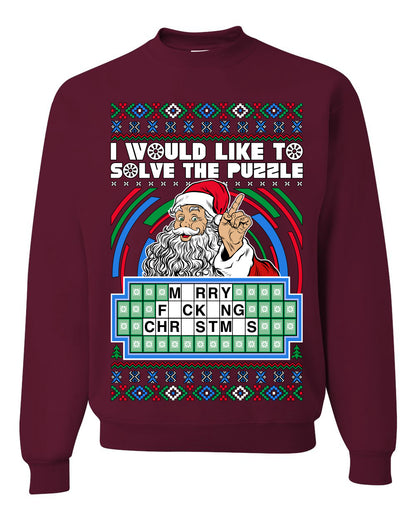 Santa Game Show I'd Like To Solve the Puzzle Wheel Ugly Christmas Sweater, Christmas Gifts, Funny Xmas Gift Idea, Unisex Crewneck Sweatshirt
