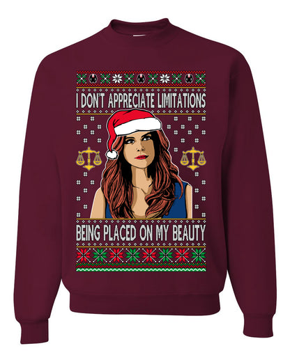 Donna TV Show Parody Don't Appreciate Limitations Being Placed, Christmas Gifts, Funny Xmas Gift Idea, Ugly Christmas Sweater Unisex Crewneck Sweatshirt