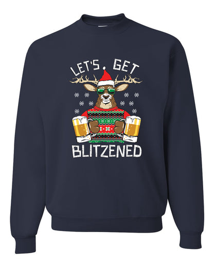 Unisex Ugly Xmas Graphic Crewneck Sweater Sweatshirt Lets Get Blitzened Deer With Beer Ugly Christmas Sweater Unisex Crewneck Sweatshirt