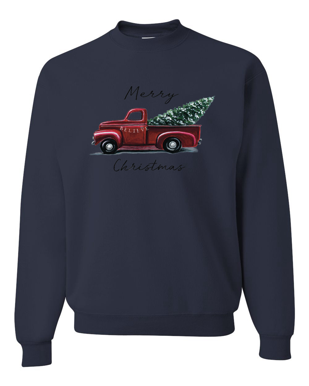 Men's Graphic Shirt, Red Pick Up Truck, Merry Christmas Ugly Christmas Sweater Unisex Crewneck Sweatshirt