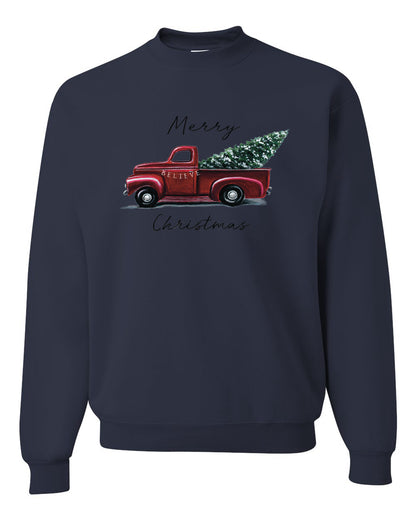 Men's Graphic Shirt, Red Pick Up Truck, Merry Christmas Ugly Christmas Sweater Unisex Crewneck Sweatshirt