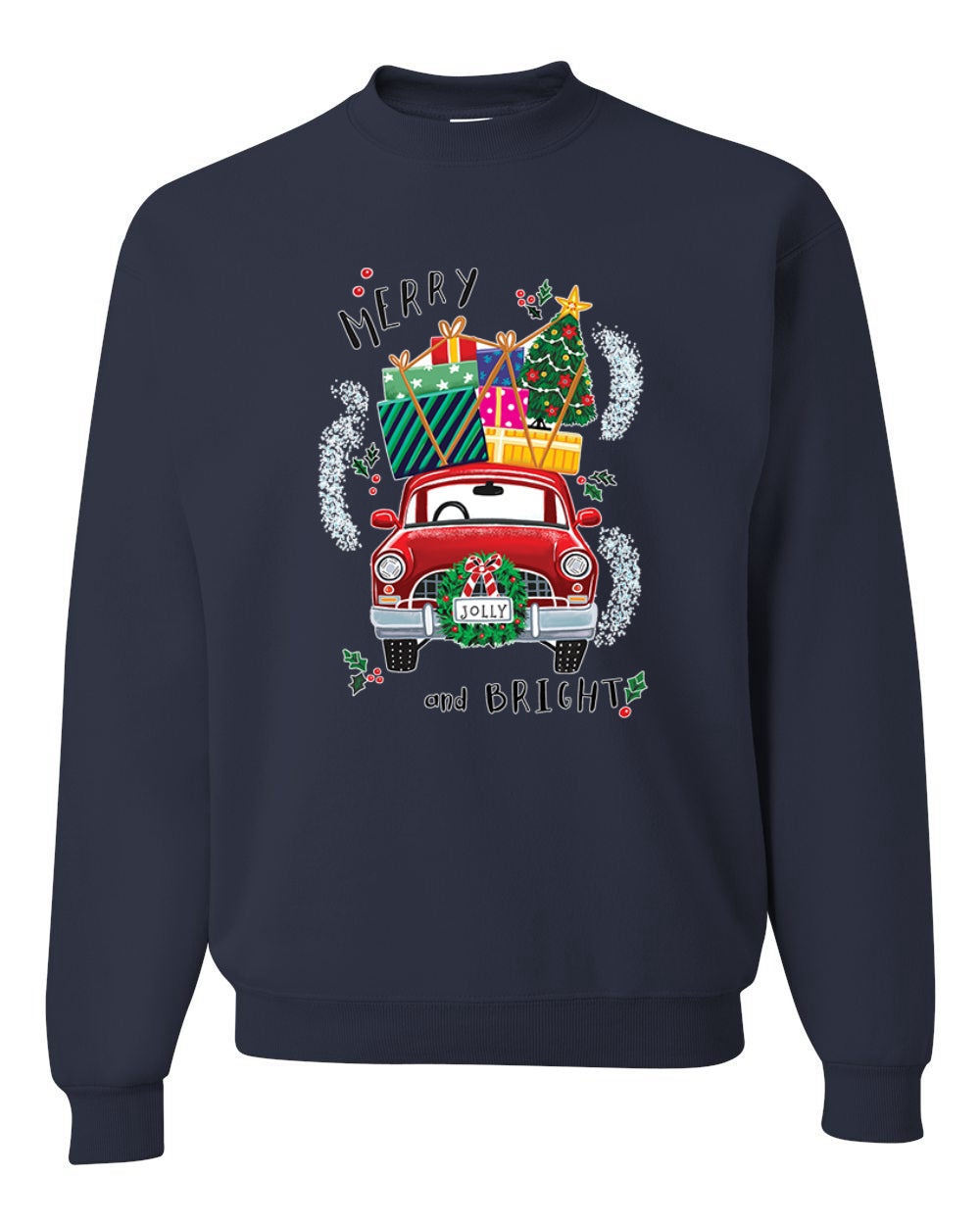 Men's Christmas Long Sleeve Shirt, Merry and Bright Red Car Ugly Christmas Sweater Unisex Crewneck Sweatshirt