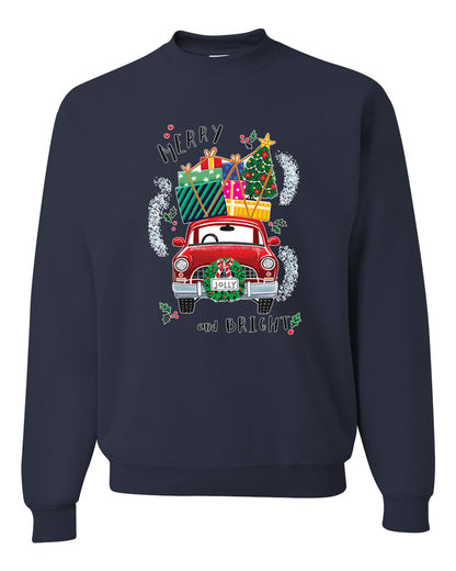 Men's Christmas Long Sleeve Shirt, Merry and Bright Red Car Ugly Christmas Sweater Unisex Crewneck Sweatshirt