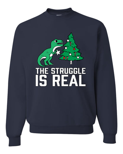 Women's Ugly Christmas Sweater, The Struggle is Real, Christmas T-Rex, Long Sleeve Scoop Top Ugly Christmas Sweater Unisex Crewneck Sweatshirt