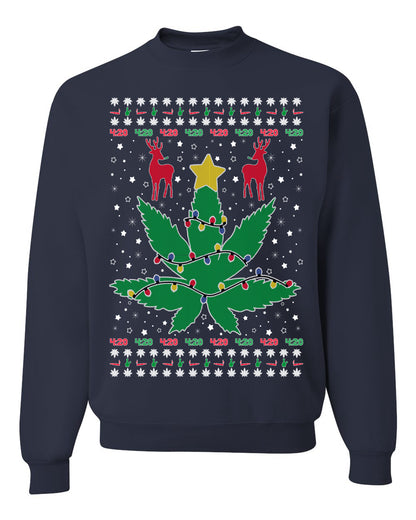Crewneck Graphic Ugly Holiday Unisex Sweater Sweatshirt Christmas Lights, Deer Marijuana Lit Leaf Weed Pot  Ugly Christmas Sweater Unisex Crewneck Sweatshirt