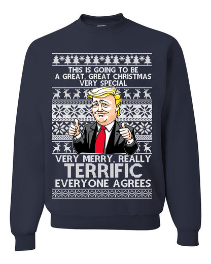 Unisex Funny Donald Trump Ugly Xmas Holiday Sweater Sweatshirt Great Terrific Merry Christmas Ugly Christmas Sweater Unisex Crewneck Sweatshirt