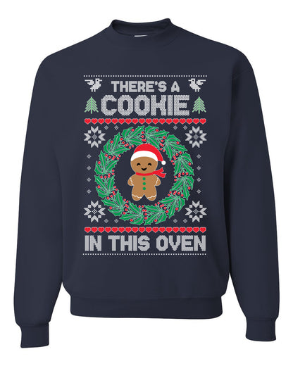 Women's Ugly Christmas  Sweater "Theres a Cookie in this Oven" Pregnancy Announcement Long Sleeve T-Shirt Ugly Christmas Sweater Unisex Crewneck Sweatshirt
