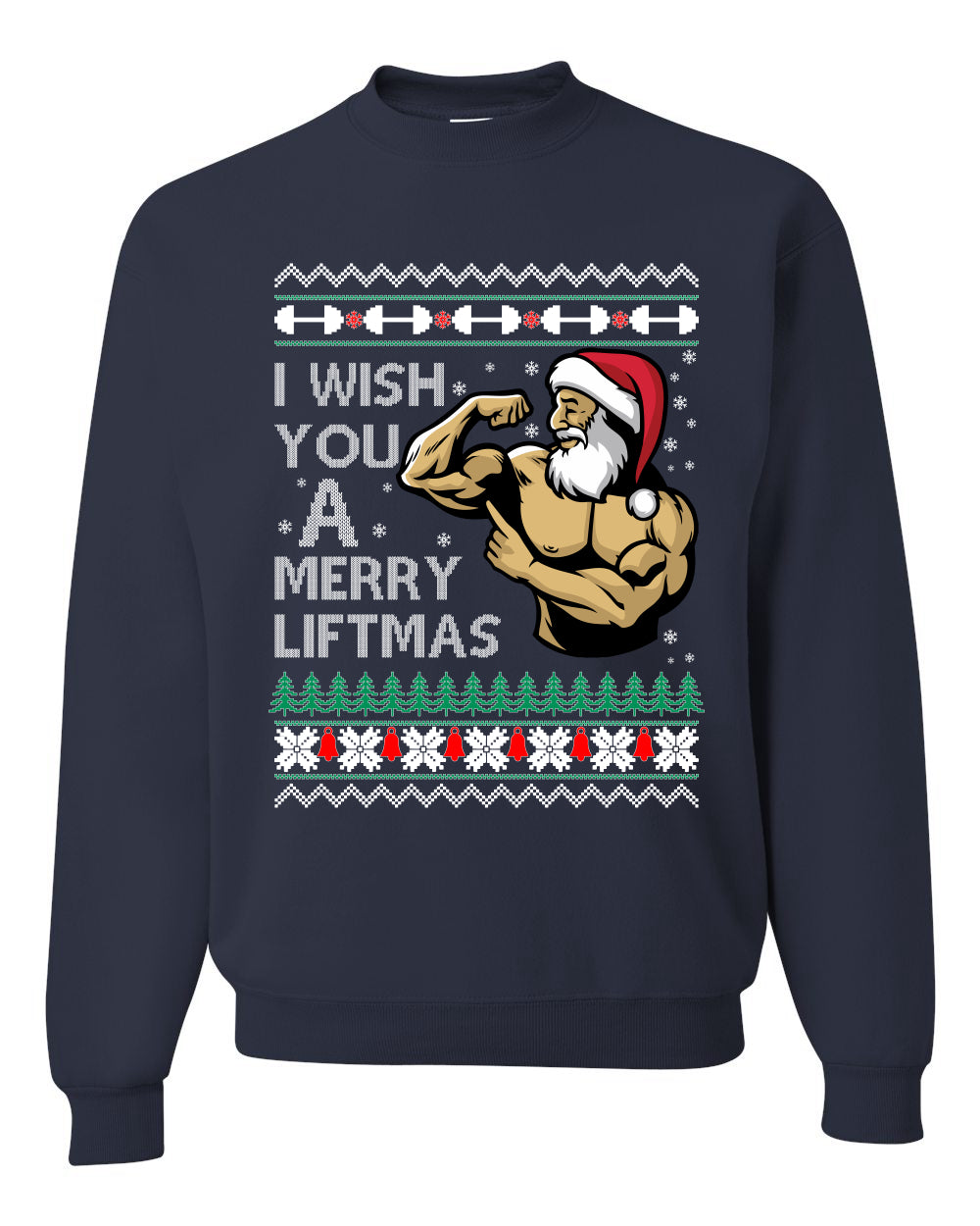 Group 3 Design Unisex Ugly Xmas Sweater Crewneck Graphic, Santa Fitness Workout, Merry Liftmas, Gym Swole Gift Ugly Christmas Sweater Unisex Crewneck Sweatshirt