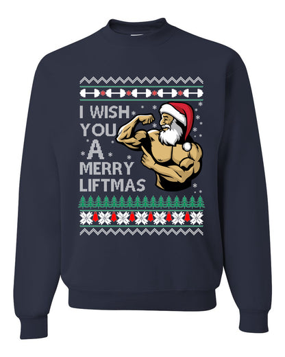 Group 3 Design Unisex Ugly Xmas Sweater Crewneck Graphic, Santa Fitness Workout, Merry Liftmas, Gym Swole Gift Ugly Christmas Sweater Unisex Crewneck Sweatshirt