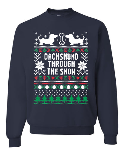 Graphic Daschund Through The Snow Christmas Wild Bobby Ugly Christmas Butcher Apron BBQ Grilling, Kitchen Cooking Ugly Christmas Sweater Unisex Crewneck Sweatshirt