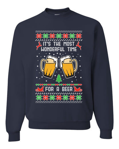 Men's Ugly Christmas Sweater Long Sleeve Shirt, "It's The Most Wonderful Time for a Beer" Ugly Christmas Sweater Unisex Crewneck Sweatshirt