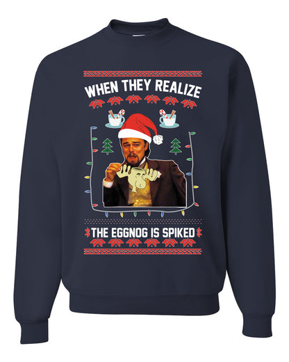 Unisex Graphic Ugly Christmas Crewneck Sweater Sweatshirt, Leo Laughing Dank Meme, When they Realize the Eggnog is Spiked  Ugly Christmas Sweater Unisex Crewneck Sweatshirt