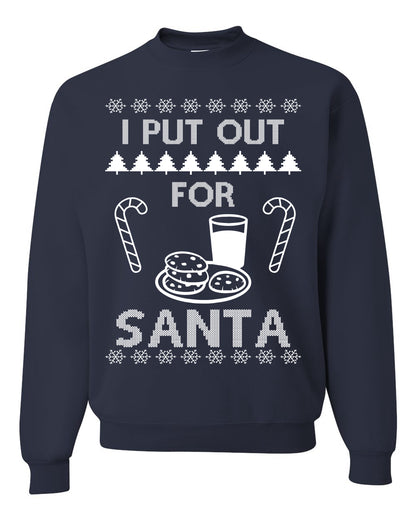 Funny Adult Men's Ugly Holiday Xmas Sweater, "I Put Out for Santa", Milk Cookies Candy Ugly Christmas Sweater Unisex Crewneck Sweatshirt
