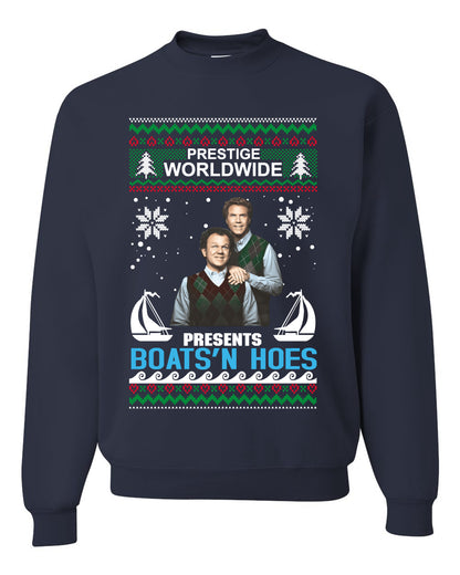 Prestige Worldwide Boats N' Hoes Step Brothers, Christmas Gifts, Funny Xmas Gift Idea, Ugly Christmas Sweater Unisex Crewneck Sweatshirt