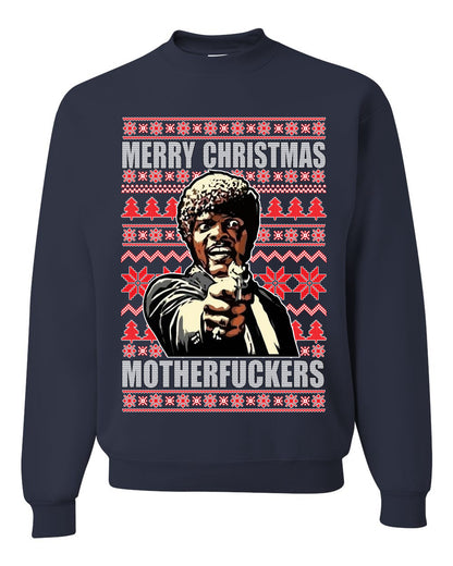 Unisex Graphic Ugly Xmas Sweater Crewneck Sweatshirt, Merry Christmas Motherfuckers Ugly Christmas Sweater Unisex Crewneck Sweatshirt